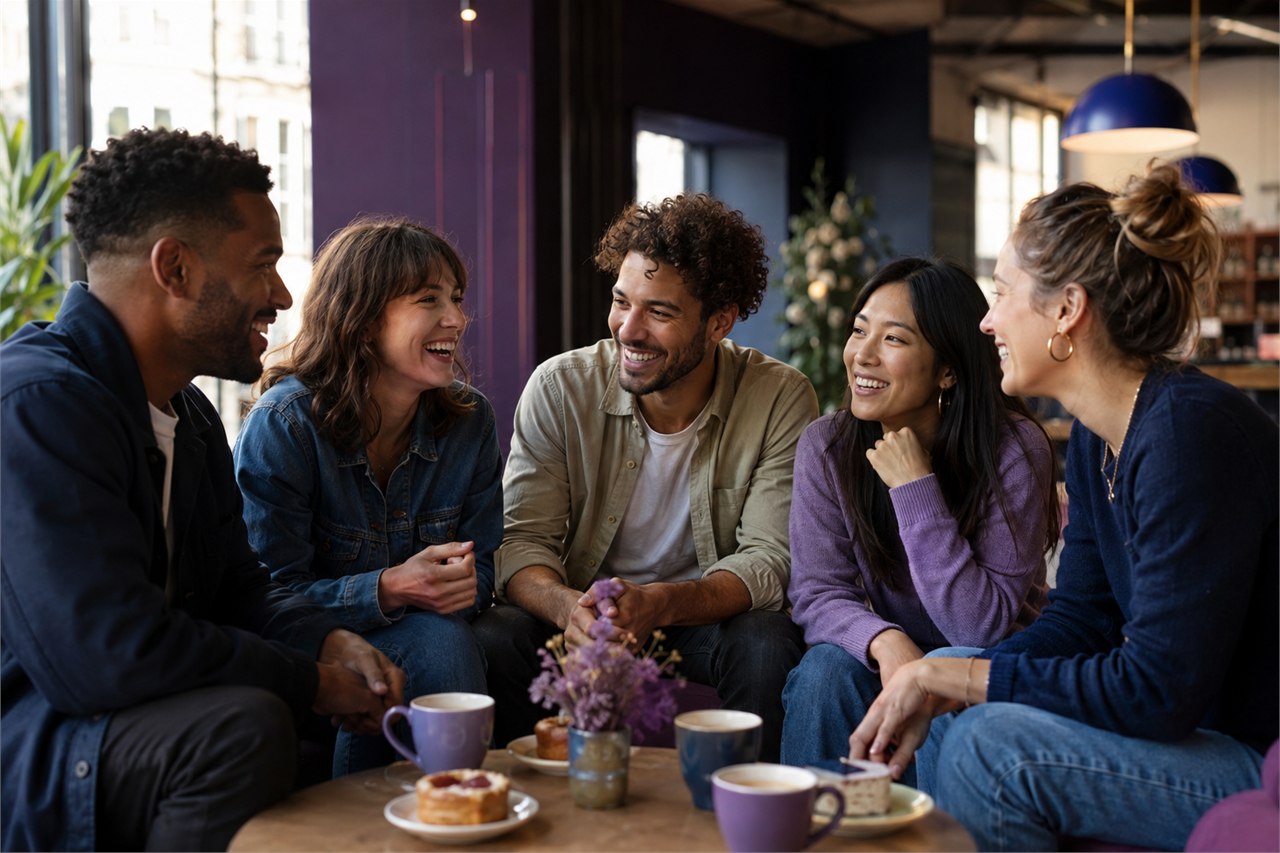 Cinq jeunes adultes discutent et rient ensemble dans un café